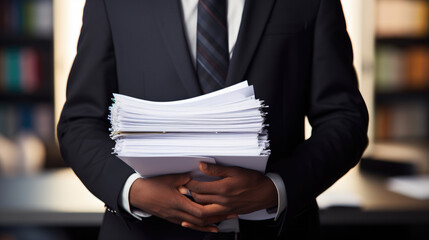 Close-up of a person in a business suit holding a large stack of documents and paperwork. - obrazy, fototapety, plakaty