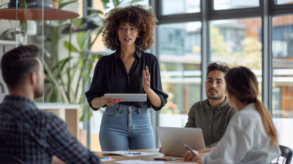 woman addressing a group of seated colleagues in a bright, modern office environment.