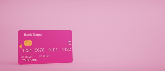 Pink plastic card floating on pink background. Mobile banking and Online payment service. Saving money wealth and business financial concept. Smartphone money transfer online. 3d render.