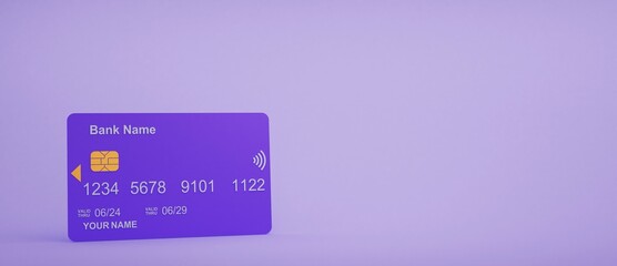 Purple plastic card floating on purple background. Mobile banking and Online payment service. Saving money wealth and business financial concept. Smartphone money transfer online. 3d render.