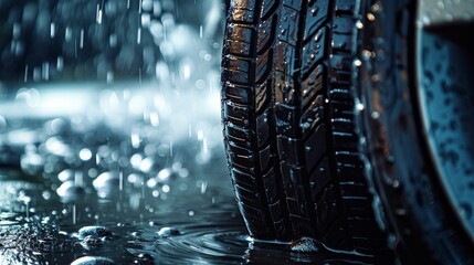 A close-up view of a new summer tire protector, detailed with water drops