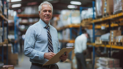 A mature man in a light blue shirt and striped tie holds a clipboard and smiles confidently in a warehouse setting.