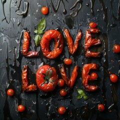 Baked tomatoes on a dark background in the shape of the word LOVE. Vegetables on a dark background in the form of the inscription LOVE. Reciprocate with healthy food, beauty and vitamins. Signs love. - obrazy, fototapety, plakaty