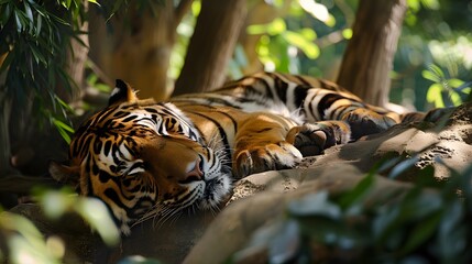 Sleeping Tiger in Dappled Sunlight Amidst Green Foliage - obrazy, fototapety, plakaty