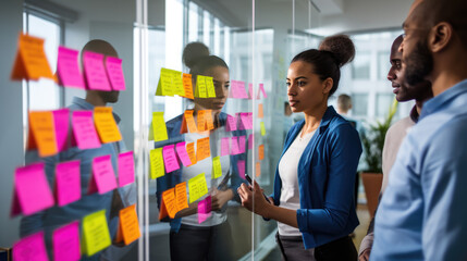 A professional team engaged in a brainstorming session, using colorful sticky notes on a glass wall to organize their ideas and strategies.