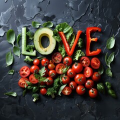 Vegetables in the shape of the word LOVE. Cucumbers, tomatoes, peppers, herbs, confess your love. Reciprocate with healthy food, beauty and vitamins. Signs of love.