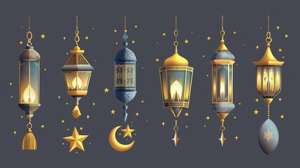 Obraz premium A long banner adorned with a set of Ramadan icons, featuring elegant gold and gray lanterns