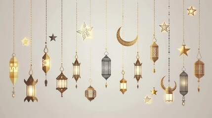 A long banner adorned with a set of Ramadan icons, featuring elegant gold and gray lanterns