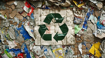 Recycle Symbol on Compressed Waste Material Environmental Message
