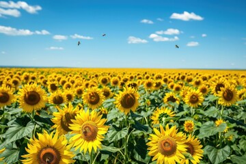 Sunflower Solitude: Vast Field against Blue Sky, AI Generative
