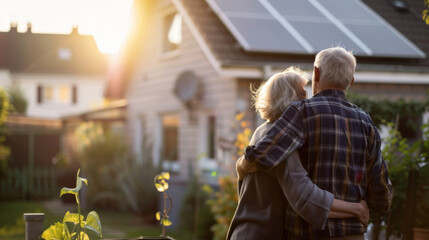 Senior Couple Embracing in Garden at Sunset with Solar Panels on Roof - Powered by Adobe