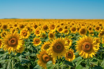 Golden Horizon: Vast Sunflower Field under Azure Sky, AI Generative
