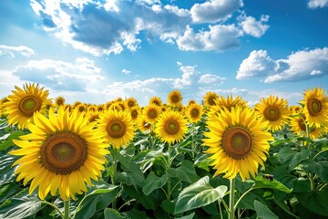 Sunflower Majesty: Expansive Field Beneath Azure Sky, AI Generative
