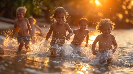 a group of children are running in the water at sunset - obrazy, fototapety, plakaty