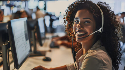 Smiling Woman with Headset in Office Environment at Customer Service - obrazy, fototapety, plakaty
