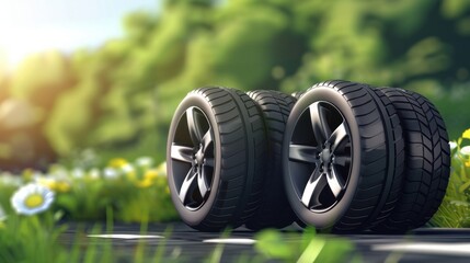 An eye-catching advertisement poster featuring a set of black rubber car tires