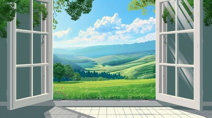 A beautifully crafted vector illustration depicting an open window that frames a stunning landscape view