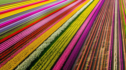 Aerial View of Colorful Flower Fields in Striped Pattern