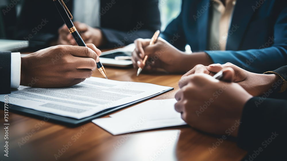 Poster close-up view of hands signing a document, with multiple individuals engaged in a business meeting a