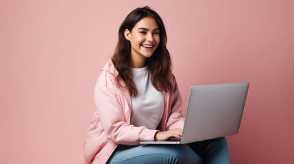 Naklejka premium Smiling woman working on a laptop against a pink background.
