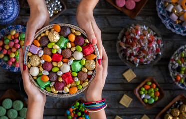 Ramadan holiday candies in the bowl. Şeker bayramı or bayram şekeri 