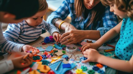 A family enjoys quality time together, engaging in arts and crafts at a colorful and messy home workstation, fostering creativity. AIG41