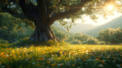 Spring meadow with big tree with fresh green leaves.