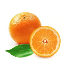 Isolated orange fruit cut in half with leaves, set against a white backdrop