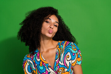 Closeup portrait of young coquette lady curly hair wear retro style blouse plump lips coquette...