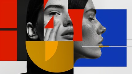 Monochrome face of a young girl in two projections in composition with different geometric figures of bright colors. Abstract surrealistic collage. Illustration for cover, card, interior design, print