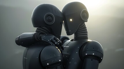 Two robot cyborgs hugging each other. Robots having feelings and romantic relationship. The concept of helping, supporting, understanding and comforting. Illustration for cover, card, interior design.
