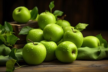 Green apples on the wooden table.