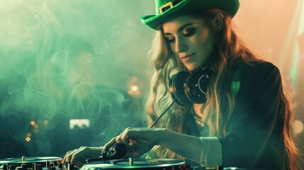 DJ woman with headphone and green hat plays music on the party of St. Patrick.