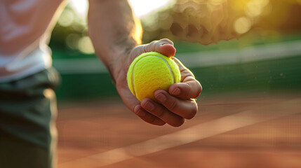 Hand Holding and Serving a Tennis Ball at an Outdoor Tennis Court. Closeup of the Tennis Ball. Moments Before the Serve. - obrazy, fototapety, plakaty