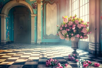 Fototapeta na wymiar Flowers in Old Castle Interior, Vintage Victorian Hall with Flower Vase, Luxury Hotel Lobby, Royal Villa