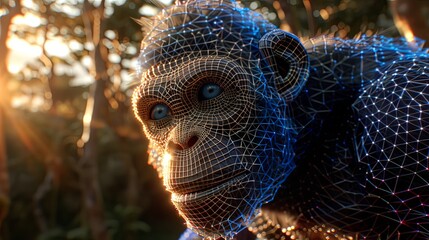 Obraz premium Close-up of a chimpanzee's muzzle in grid style. Polygonal computerized image of a wild animal. Facial recognition grid on a live object. Illustration for cover, card, poster, brochure or presentation