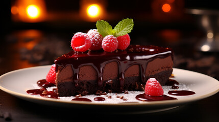 Chocolate cake with raspberries and mint on a black background ,Chocolate cake with raspberries and...