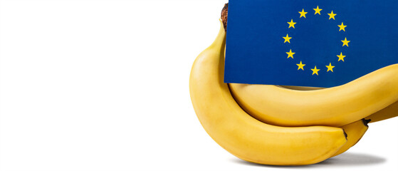 Bananas and the EU flag. Isolated on white background with clipping mask. Ultra-wide aspect ratio...