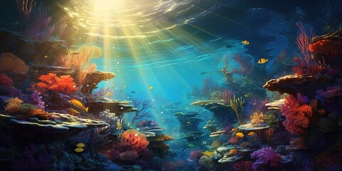 Tranquil underwater world with vibrant coral, small fish, and glistening sunlight filtering through water