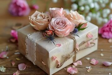 Gift box with roses on the wooden table. 