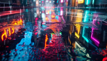 night city street with colorful neon lights, reflection in puddles and water, rainy foggy weather