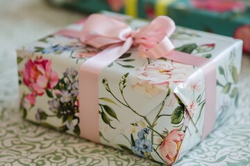 Gift box with ribbon on the table.