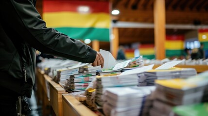 Election ballots being meticulously sorted and counted at a polling station on the Lithuania flag background, - obrazy, fototapety, plakaty