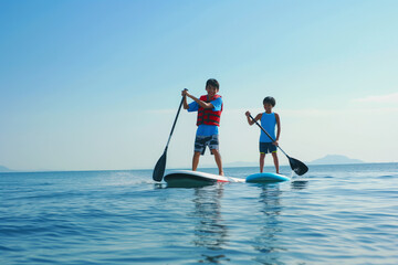 Japanese boys enjoying stand-up paddleboarding on a calm sea and smiling