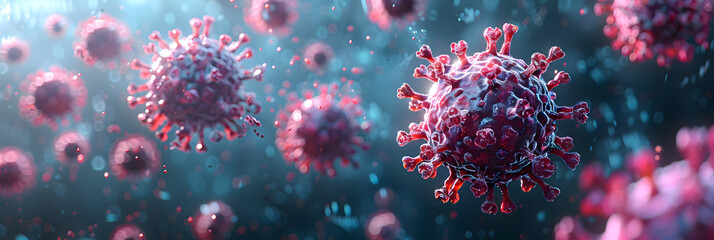3D Illustration of Coronavirus COVID,
Closeup of virus cells or bacteria
 - obrazy, fototapety, plakaty