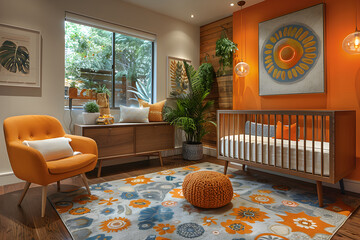 A contemporary nursery with geometric patterns. Interior design.