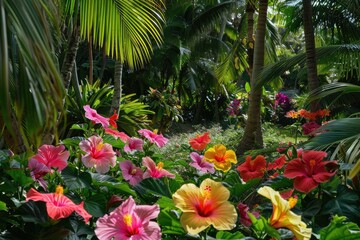Hibiscus Majesty: Profusion of Blooms in Garden, AI Generative
