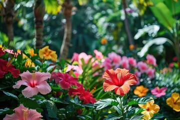 Hibiscus Radiance: Vibrant Blooms in Tropical Paradise, AI Generative
