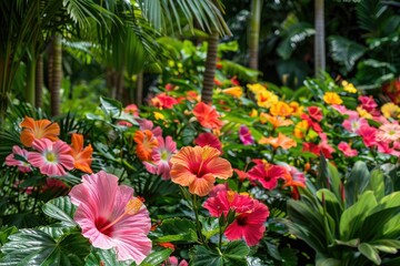 Fototapeta na wymiar Hibiscus Radiance: Colorful Blooms in Tropical Garden, AI Generative 