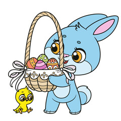 Cute bunny holds in paws large basket with Easter eggs and a little chicken sits nearby color variation